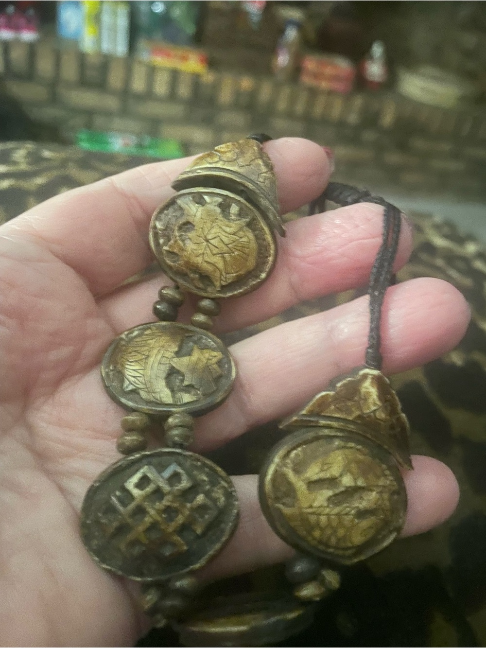 Artisan Brass-Tone Carved Pendant braclet in Aged Gold